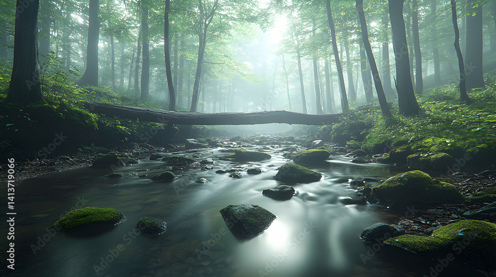 Poster serene misty forest stream flowing over mossy rocks, sunlight filtering through the trees, creating 