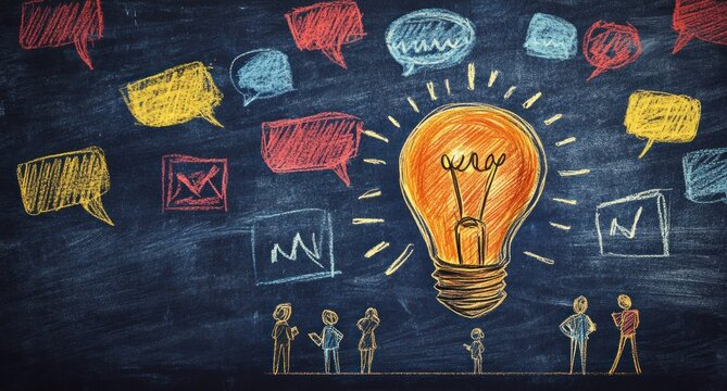 A drawing of an idea light bulb with speech bubbles and people