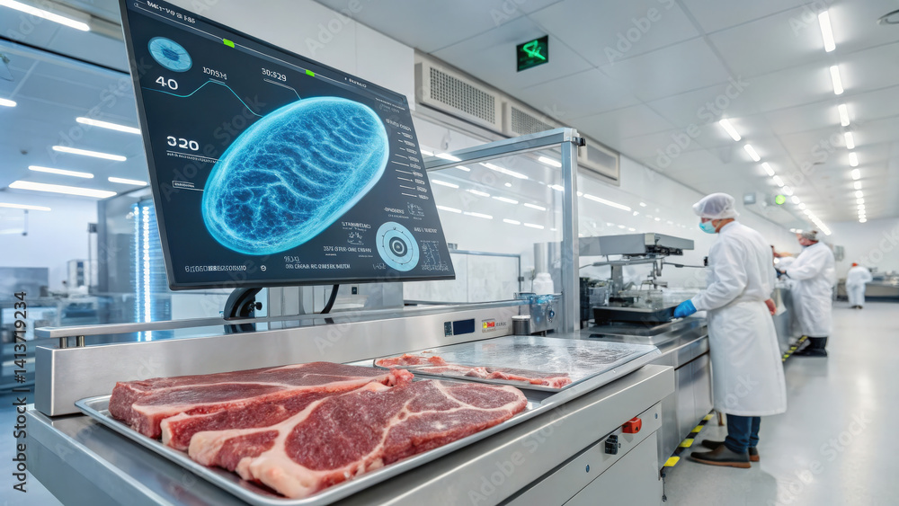 Poster futuristic laboratory showcases advanced meat safety technology with holographic bacteria analysis d