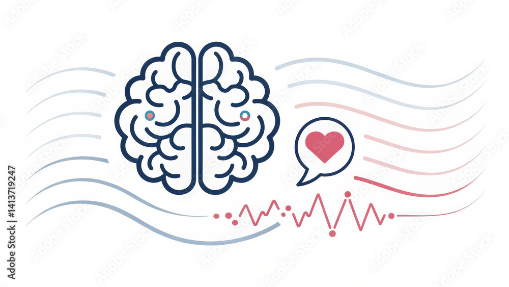 Aufkleber minimalist illustration of brain with heart symbol, featuring soft lines and heartbeat motif, convey