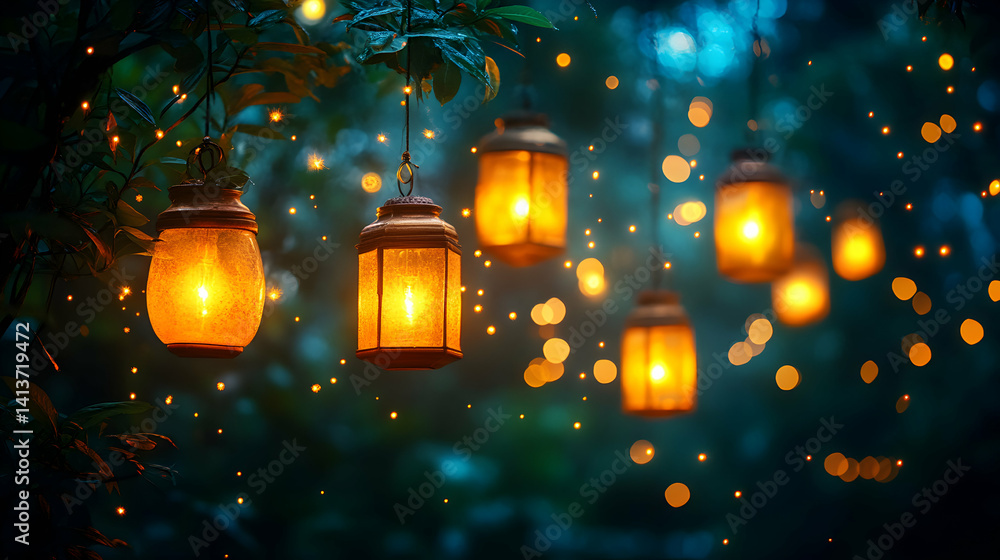 Poster enchanting evening scene with glowing lanterns hanging from trees, creating a magical ambiance. perf