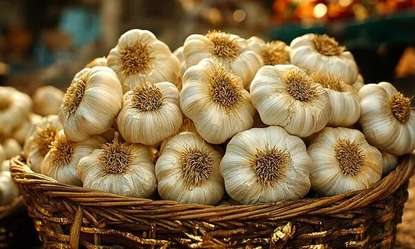 Freshly harvested garlic bulbs piled in a woven basket at a vibrant farmers market