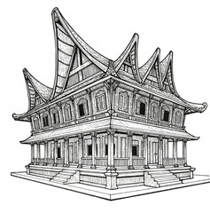 Rumah Gadang Line Art Illustration Vector