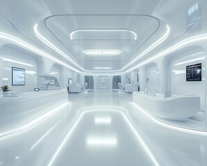 Obraz premium Futuristic white medical clinic interior. Clean, modern design with glowing LED lights.