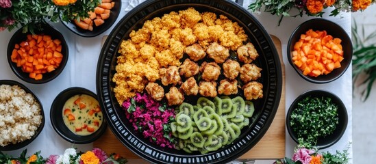 Fototapeta premium Buffet platter with various foods, flowers in background