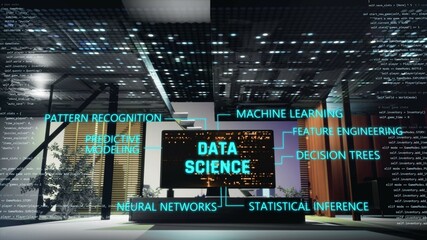 Illustration of technology phrases around futuristic television with text data science on screen. Modern image with words like machine learning or neural networks