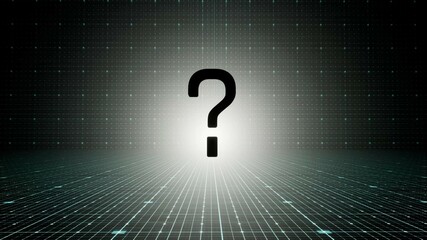 Illustration of question mark on white grid background and blue floor. Virtual space with silhouette symbol for answers