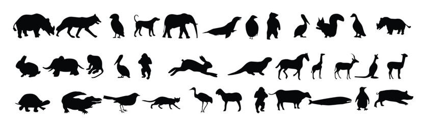 Collection of animal silhouettes. Farm animals silhouettes collection. Wild animals set. Set of silhouettes of different animals