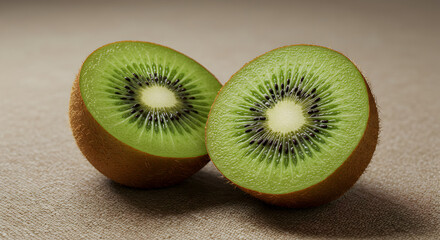 Halved Kiwis Exhibit Vibrant Flesh and Interesting Seed Patterns on Neutral Ground
