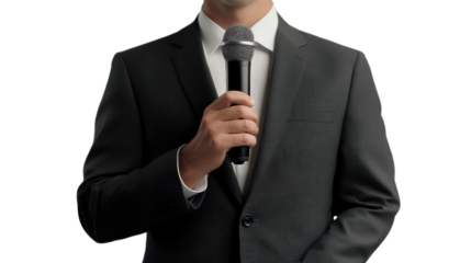 Public Speaking: A man in a formal suit holds a microphone, ready to speak with confident body language and professional attire.