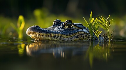 Obraz premium Alligator partially submerged in water, near plants in the wild