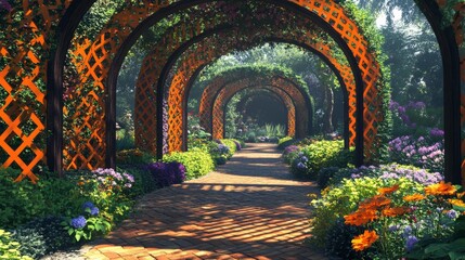 Fototapeta premium A series of vividly painted garden trellises, each intertwined with flowering vines, lines the pathway of a sprawling botanical garden
