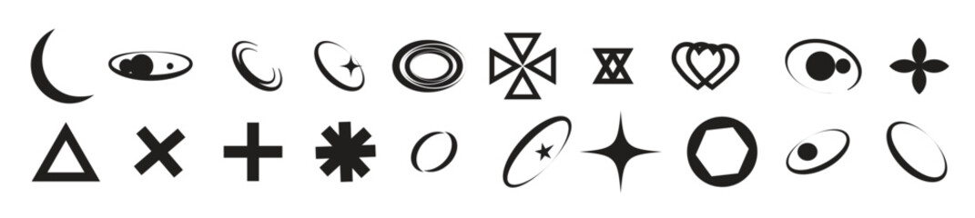 Postmodern abstract geometric graphic elements, Refraction and distortion glass effect various form, Brutalist vector shapes, trendy retro design symbols in Y2K aesthetics, vintage stickers, Vector