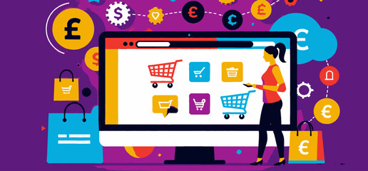 Online Shopping Concept_Woman Browsing E-commerce Storefront_Colorful Graphic Illustration_Digital Marketplace_Currency Symbols_Secure Transactions_Convenient Retail Experience