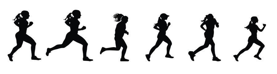  set of isolated running women silhouettes