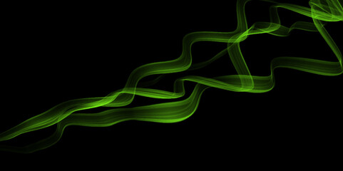 Green Smoke abstract background for design. darkness concept. Emerald green smoke wisps curl and swirl against a pure black backdrop, isolated, element. A wispy tendril of smoke pierced the darkness.