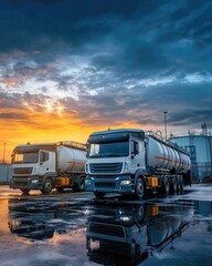 Two Trucks in Industrial Setting at Sunset with Reflection