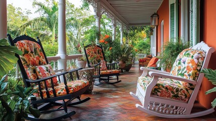 A set of intricately carved and brightly painted rocking chairs is placed in the shade of a colonial-style veranda. Each chair features floral and vine patterns in vibrant colors, 