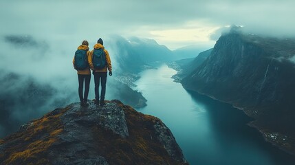 Couple summit mist landscape