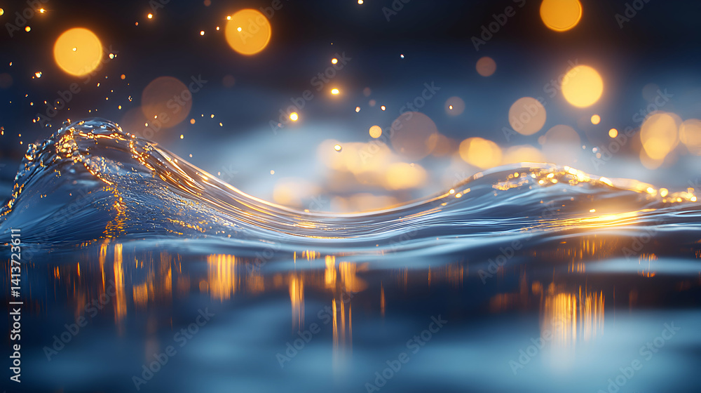 Poster abstract water wave with bokeh lights, serene and calming image perfect for backgrounds or design pr