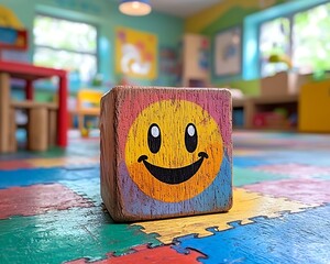 Colorful wooden block with smiley face in a cheerful playroom