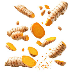Flying Turmeric Slices on transparent background