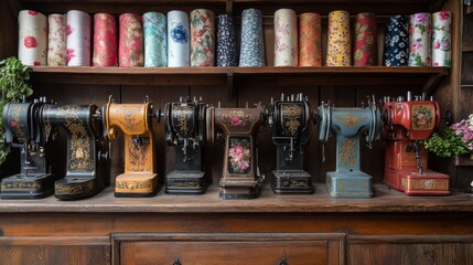 An arrangement of vintage sewing machines in varying designs, some adorned with floral engravings and others with painted details
