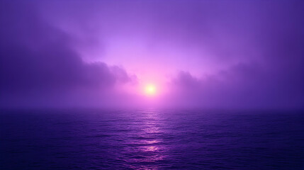 Serene purple sunset over a calm ocean, misty horizon, peaceful atmosphere, dreamy vibe, tranquil scene.