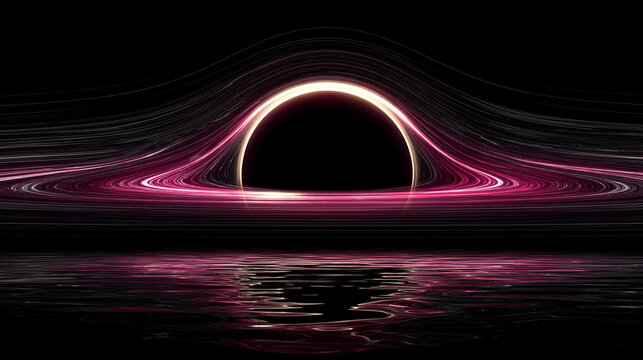 A surreal black hole with a glowing dot at its pitch black core, vivid accretion disk swirling, light warped around it, bright energy jets shooting out, symbolizing power mystery and infinity

