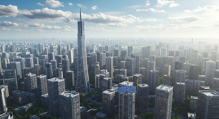 Obraz premium Curved Skyscraper Dominates Sunlit Cityscape: A Modern Architectural Vision