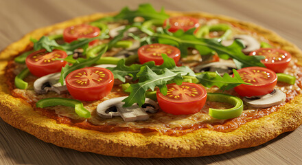 Artisanal Pizza Topped With Fresh Vegetables Displayed On A Wooden Surface