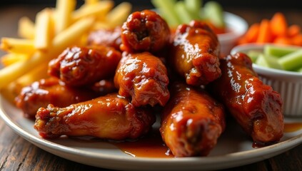 Delicious grilled chicken wings and roasted lamb chops with vegetables make a flavorful meat dish