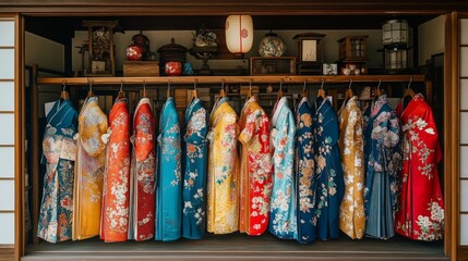 An assortment of colorful kimonos with intricate embroidery hangs gracefully on a rack in a traditional Japanese shop. The kimonos, in shades of scarlet, royal blue, and gold, 