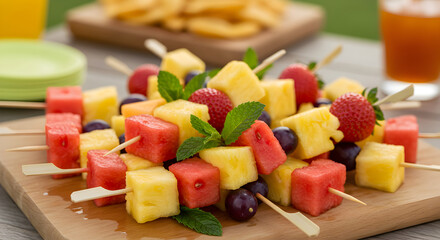 Assortment Of Summer Fruit Skewers Arranged Attractively On A Wooden Surface