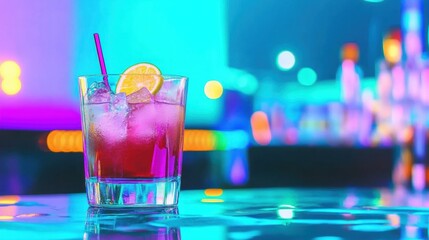 A refreshing cocktail garnished with a lemon slice rests on a bar counter as vibrant neon lights fill the background of a bustling nightlife setting