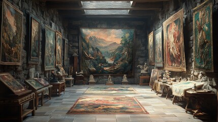 An assortment of hand-dyed tapestries depicting mythical creatures and landscapes hangs on the walls of an ancient stone hall. 