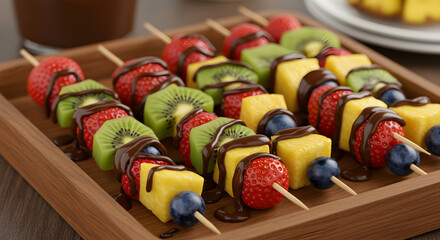 Assorted Fruit Skewers With Chocolate Drizzle Presentation On Wooden Tray