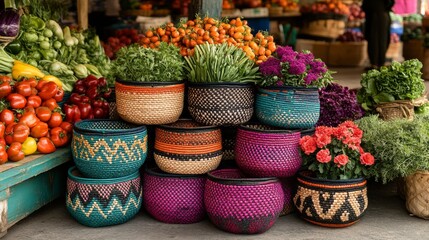 An assortment of handwoven baskets in vibrant colors and patterns is stacked in a pyramid shape on the ground at a bustling farmer&acirc;&euro;&trade;s market.