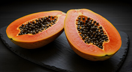 Halved Papayas Exhibiting Seeds on Rustic Slate Showcasing Tropical Fruit