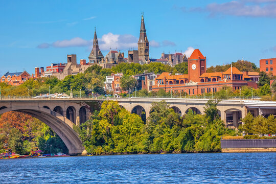 Key Bridge, Potomac River, Georgetown University, Washington, DC. DC from Roosevelt Island.