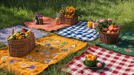 An assortment of handwoven picnic blankets in bold, checkered and floral designs is spread out across a grassy meadow. Each blanket holds a picnic basket filled with colorful foods