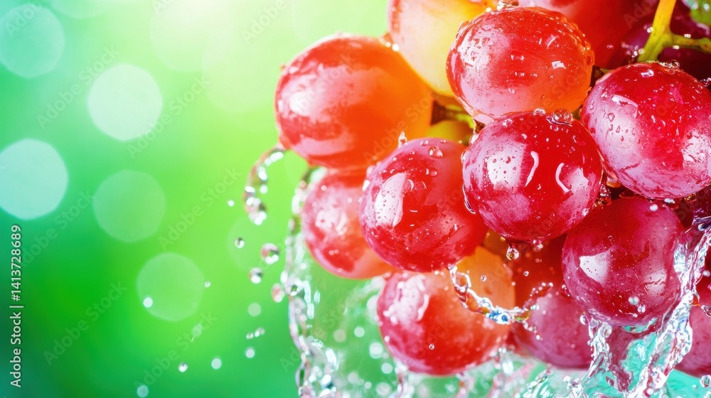Poster juicy grapes with a mix of red and green colors are splashed with water, creating a refreshing and v