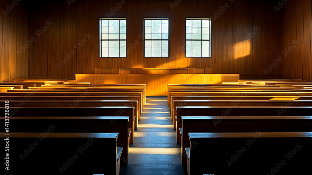 Poster serene sunlight streams through windows illuminating rows of empty wooden pews in a minimalist chape