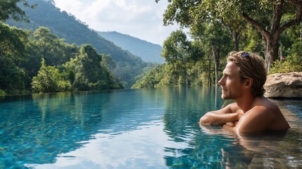 Man immersed, gazing at forest-covered mountains with sky reflecting in pool water