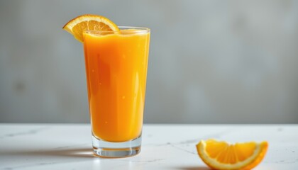 A tall glass filled with a vibrant, opaque orange liquid sits on a light, textured surface. The liquid appears pulpy, suggesting freshly squeezed fruit