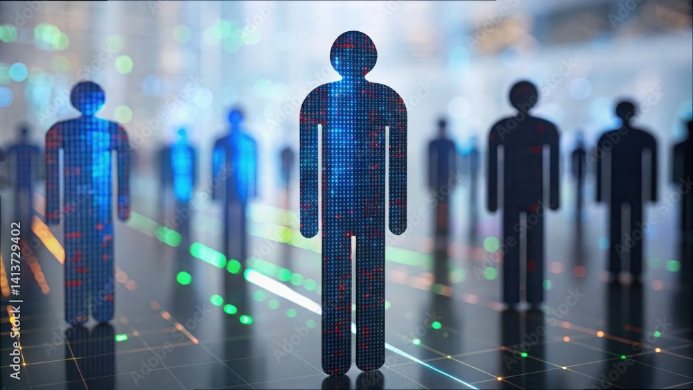 Aufkleber icons transitioning into digital pixels in futuristic environment
