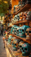 Colorful skull decorations for sale in a market stall