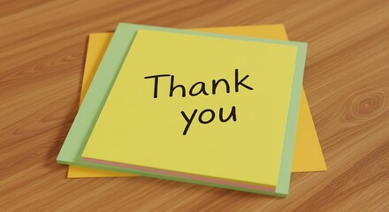 Thank You Note on Colorful Paper Stacked on Wooden Table