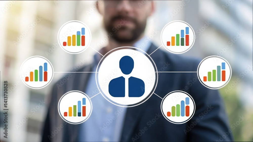 Poster floating graphs around central figure in urban background visual