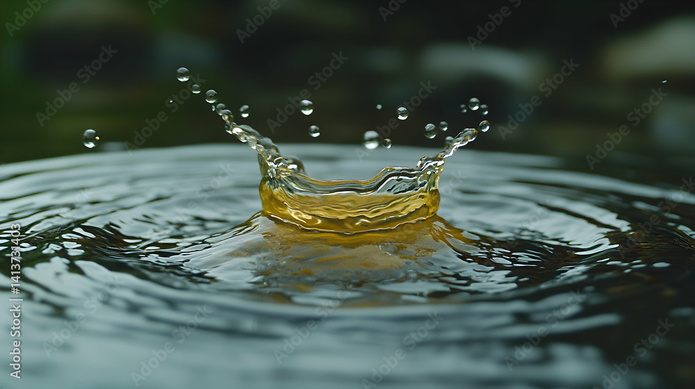 Poster stunning close-up of a water droplet splashing into a still pool, creating a mesmerizing crown-shape